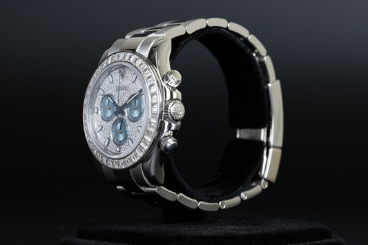 Rolex 116576TBR Daytona Platinum Pave Dial Baguette Diamond Bezel