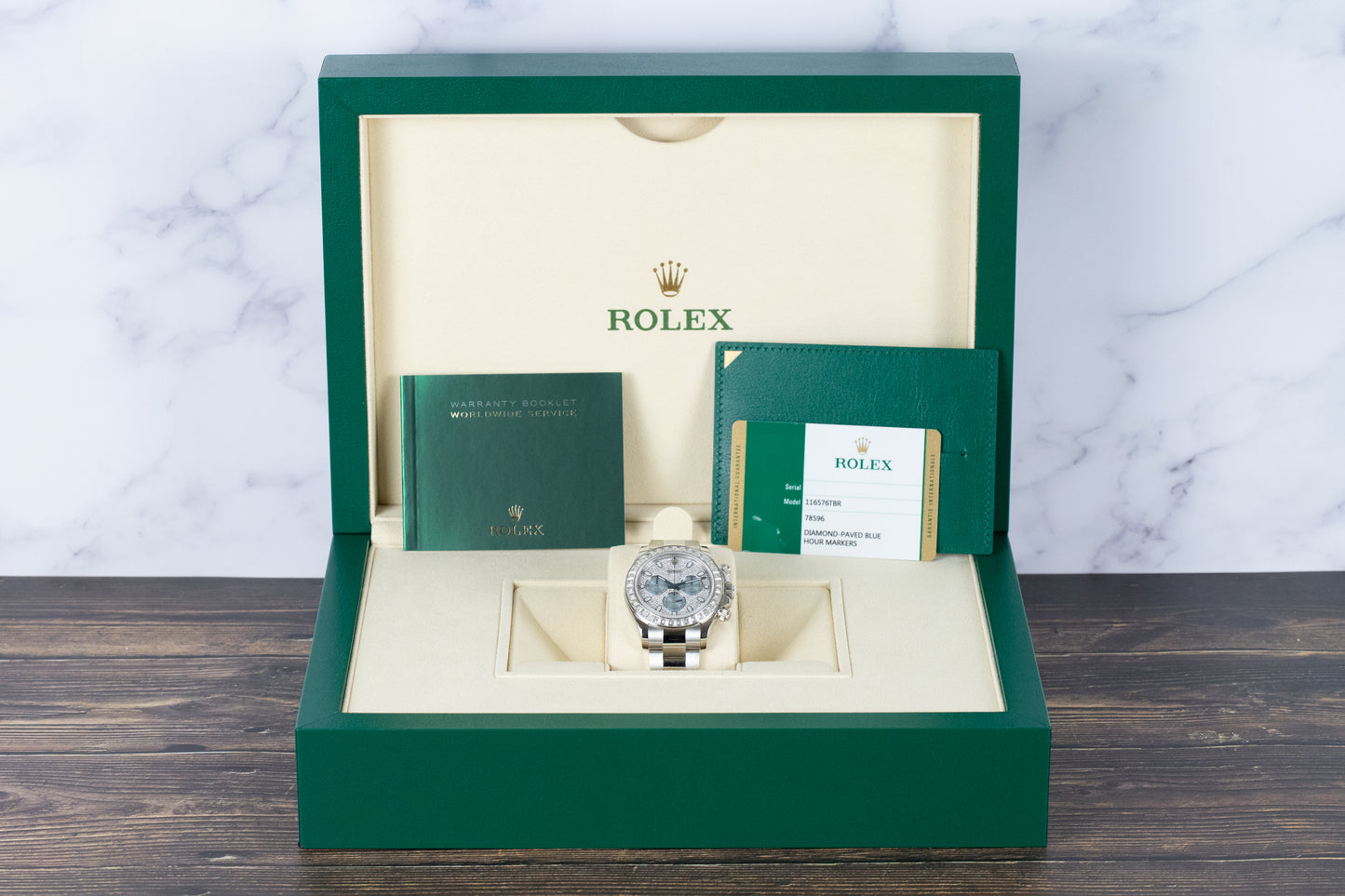 Rolex 116576TBR Daytona Platinum Pave Dial Baguette Diamond Bezel