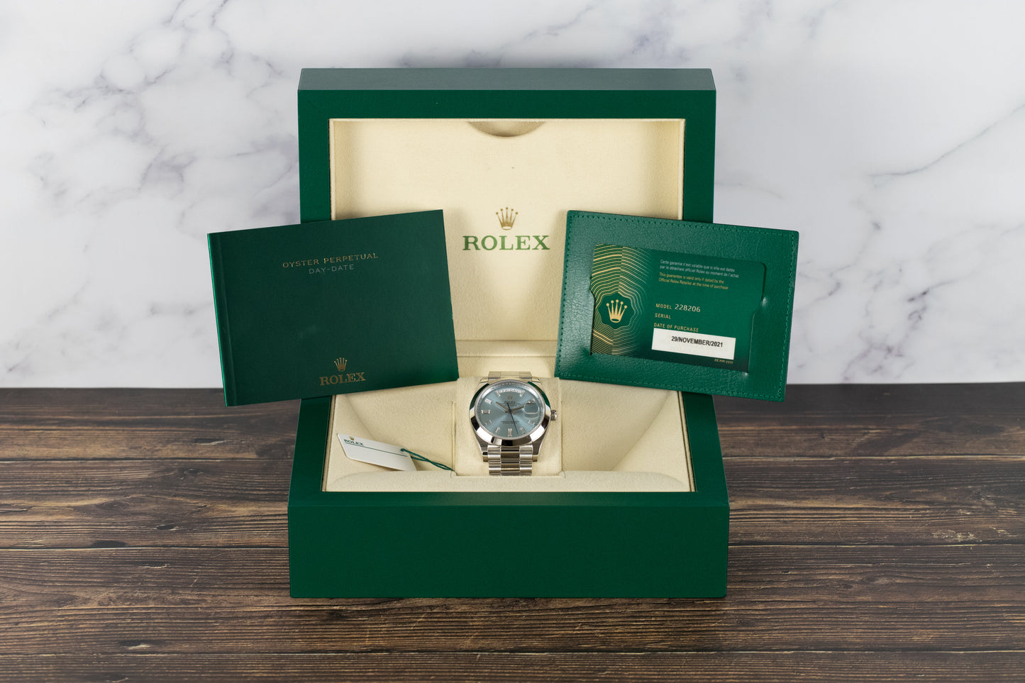 Rolex 228206 DayDate 40 Ice Blue Baguette Dial