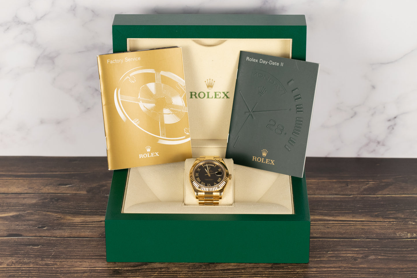 Rolex 218238 DayDate II Black Roman Numeral Dial