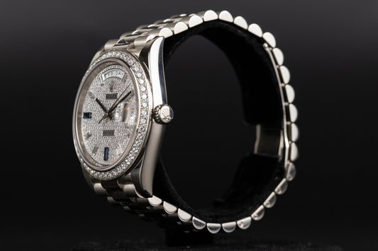 Rolex 228349RBR DayDate 40 White Gold Diamond Bezel Pave Sapphire Dial