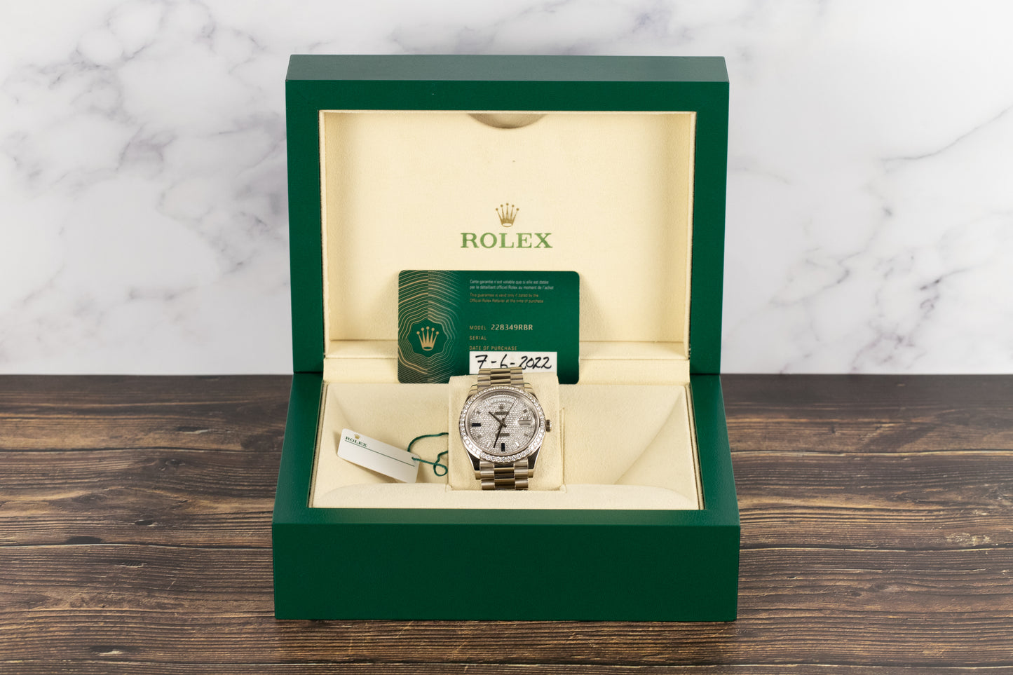 Rolex 228349RBR DayDate 40 White Gold Diamond Bezel Pave Sapphire Dial