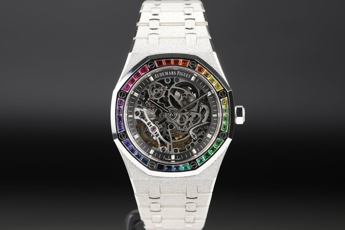 Audemars Piguet<br>15412BC Royal Oak Frosted Gold Double Balance Wheel Openworked Factory Baguette Rainbow Bezel