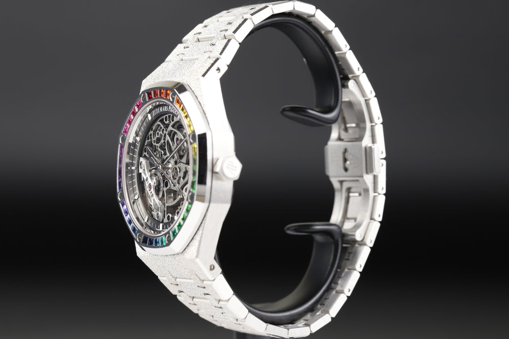 Audemars Piguet<br>15412BC Royal Oak Frosted Gold Double Balance Wheel Openworked Factory Baguette Rainbow Bezel