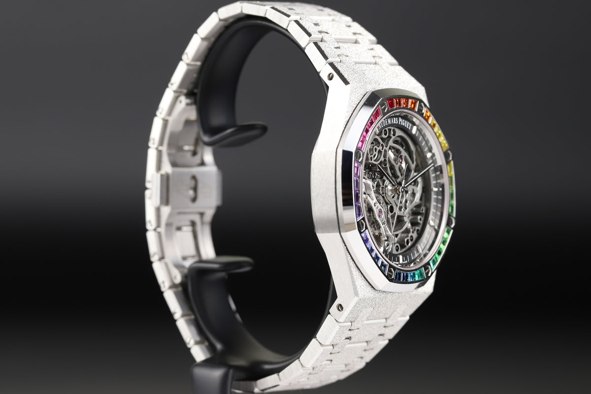 Audemars Piguet<br>15412BC Royal Oak Frosted Gold Double Balance Wheel Openworked Factory Baguette Rainbow Bezel