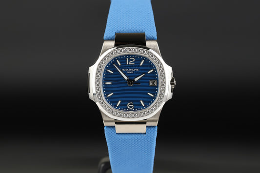 Patek Philippe 7010G Nautilus White Gold Blue Dial Diamond Bezel