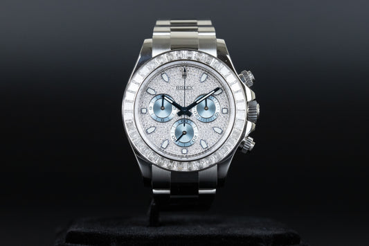Rolex 116576TBR Daytona Platinum Pave Dial Baguette Diamond Bezel