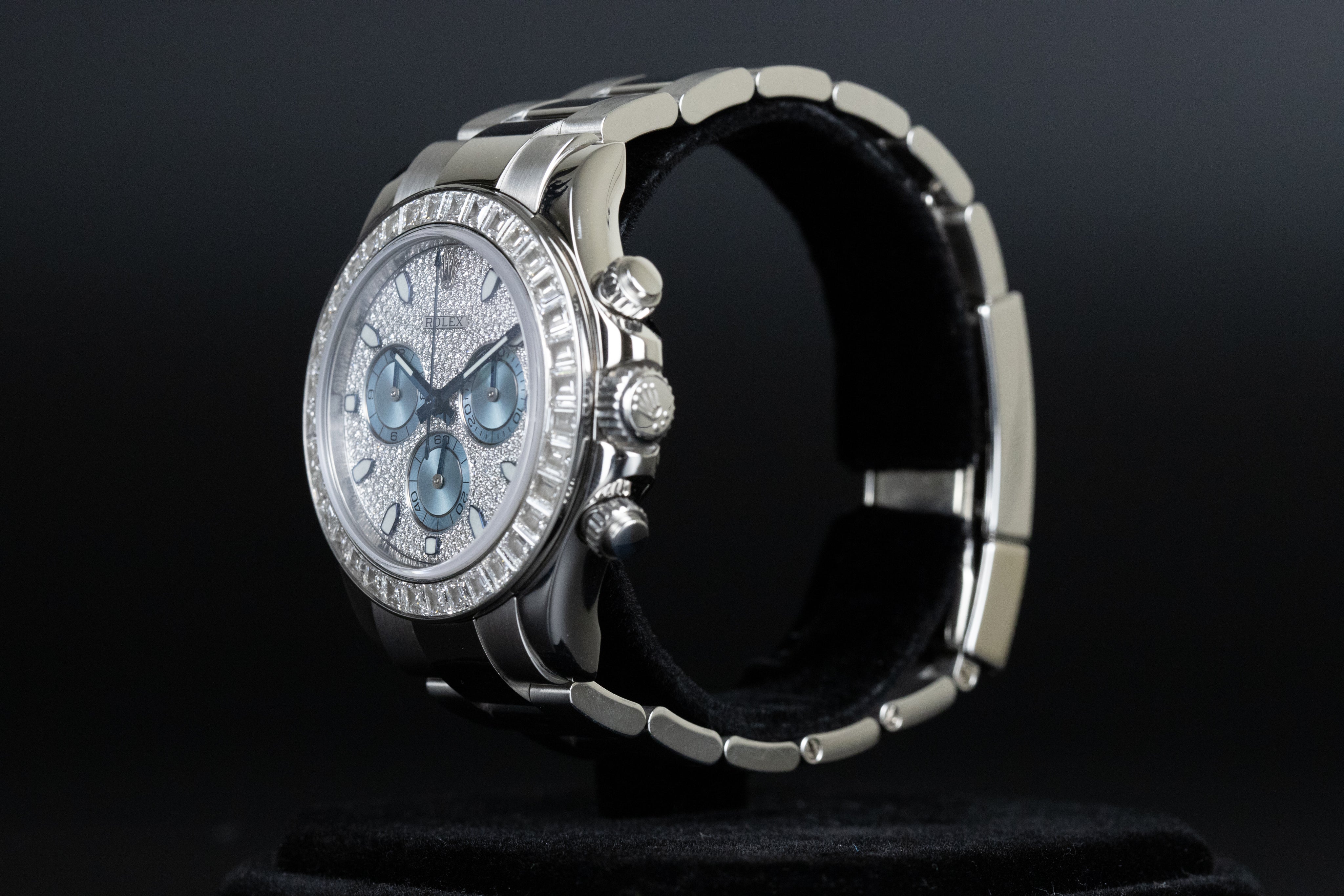 Rolex 116576TBR Daytona Platinum Pave Dial Baguette Diamond Bezel