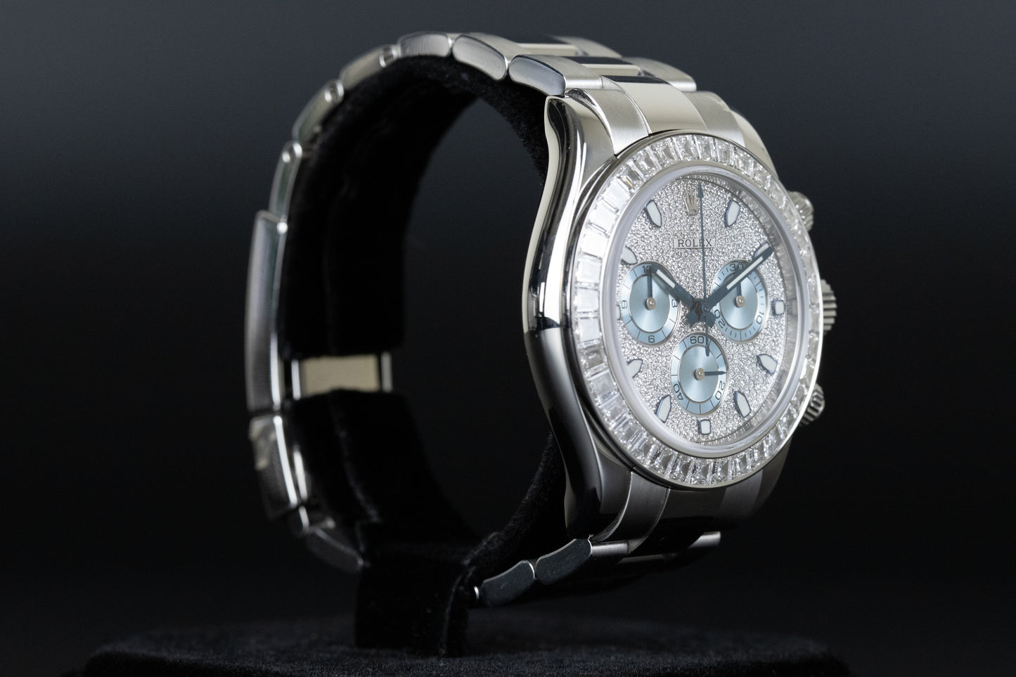 Rolex 116576TBR Daytona Platinum Pave Dial Baguette Diamond Bezel