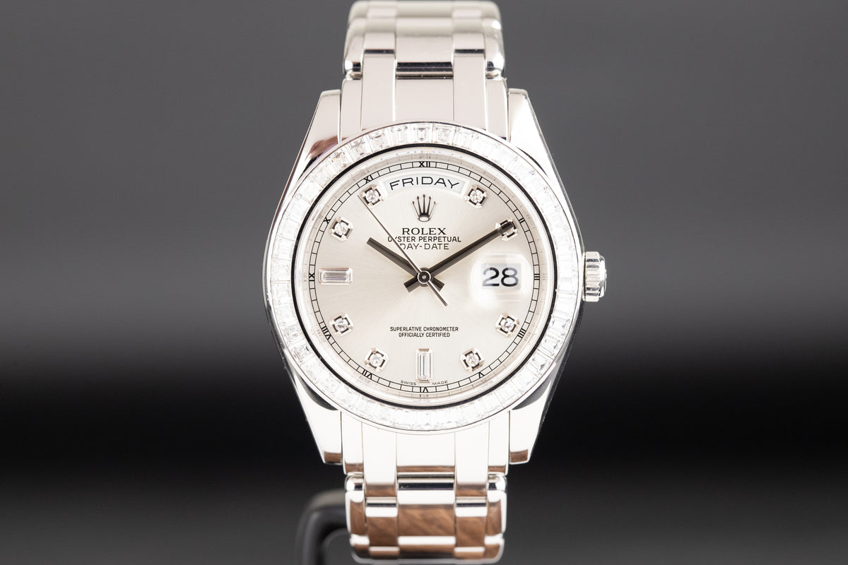 Rolex<br>18956BR Day-Date Masterpiece Platinum Silver Diamond Dial Baguette Diamond Bezel