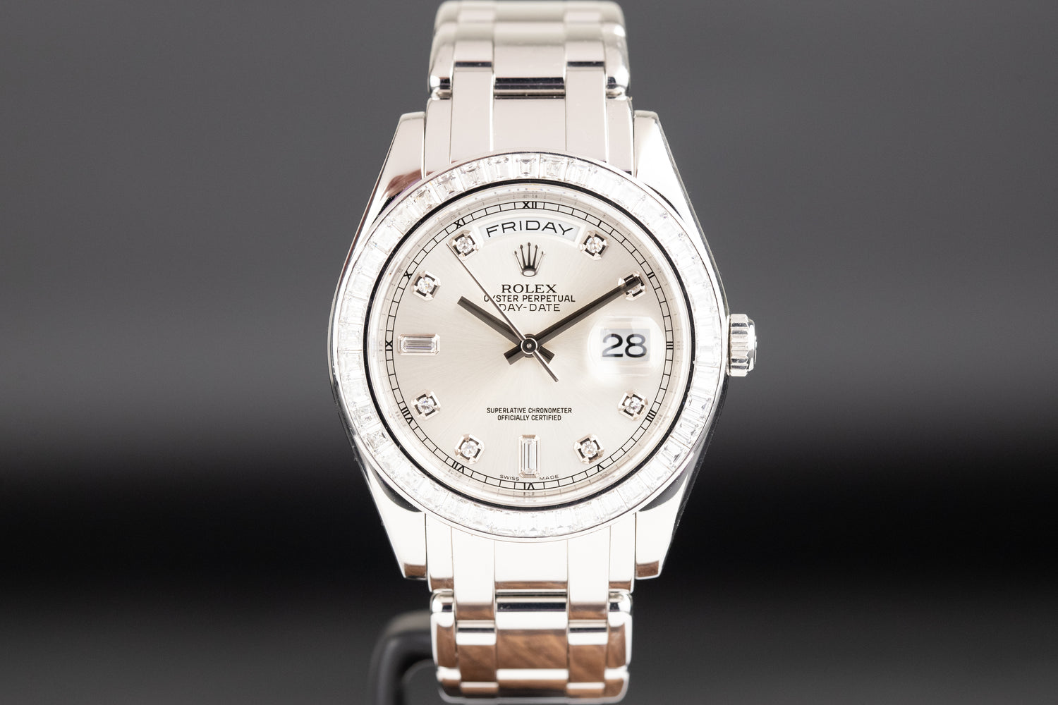 Rolex 18956BR Day-Date Masterpiece Platinum Silver Diamond Dial Baguette Diamond Bezel