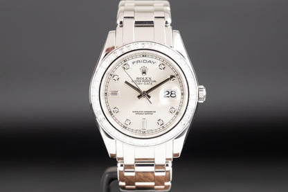 Rolex 18956BR Day-Date Masterpiece Platinum Silver Diamond Dial Baguette Diamond Bezel