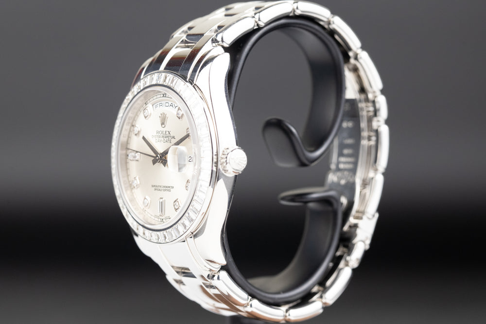 Rolex<br>18956BR Day-Date Masterpiece Platinum Silver Diamond Dial Baguette Diamond Bezel