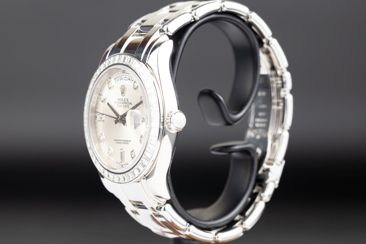 Rolex<br>18956BR Day-Date Masterpiece Platinum Silver Diamond Dial Baguette Diamond Bezel