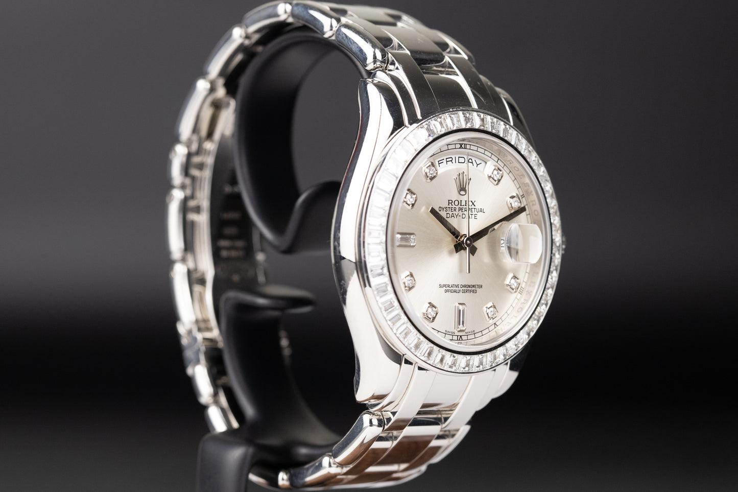 Rolex 18956BR Day-Date Masterpiece Platinum Silver Diamond Dial Baguette Diamond Bezel