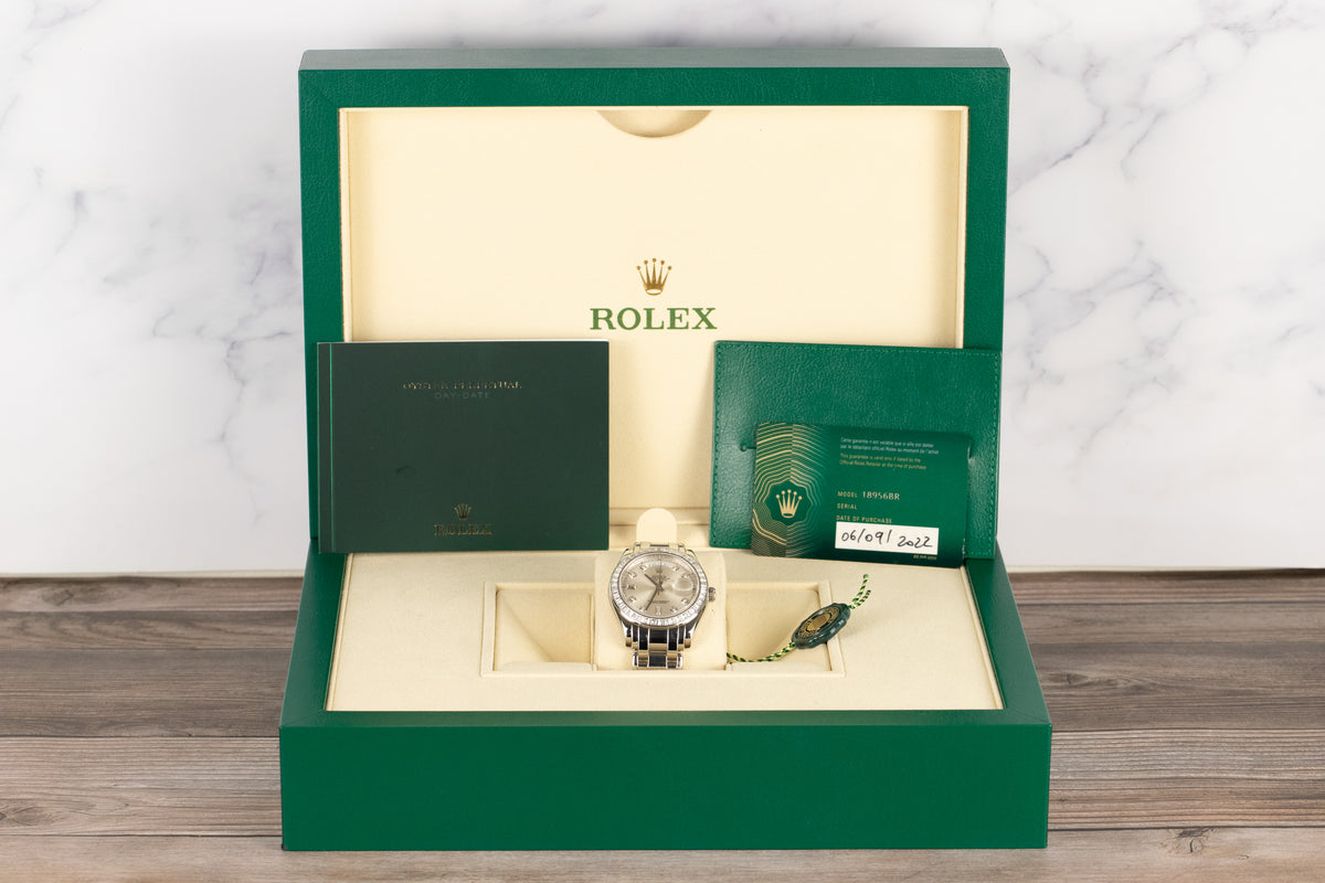 Rolex<br>18956BR Day-Date Masterpiece Platinum Silver Diamond Dial Baguette Diamond Bezel