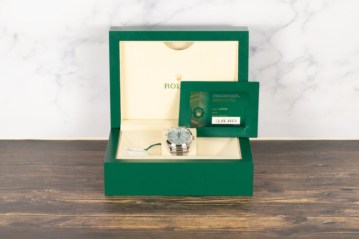 Rolex<br>228206 DayDate 40 Ice Blue Roman Numeral Dial