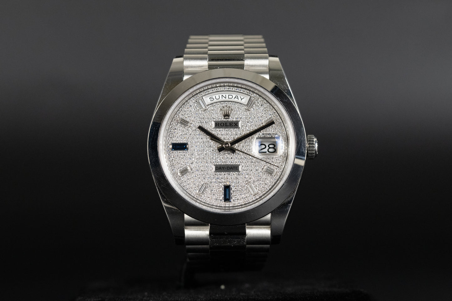 Rolex 228206 DayDate 40 Pave Diamond Blue Sapphire Dial