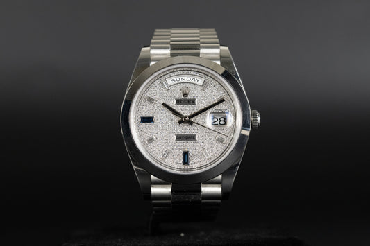 Rolex 228206 DayDate 40 Pave Diamond Blue Sapphire Dial