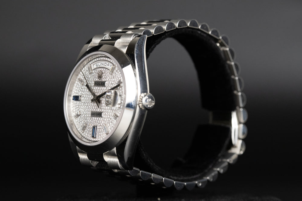 Rolex<br>228206 DayDate 40 Ice Blue Pave Diamond Blue Sapphire Dial