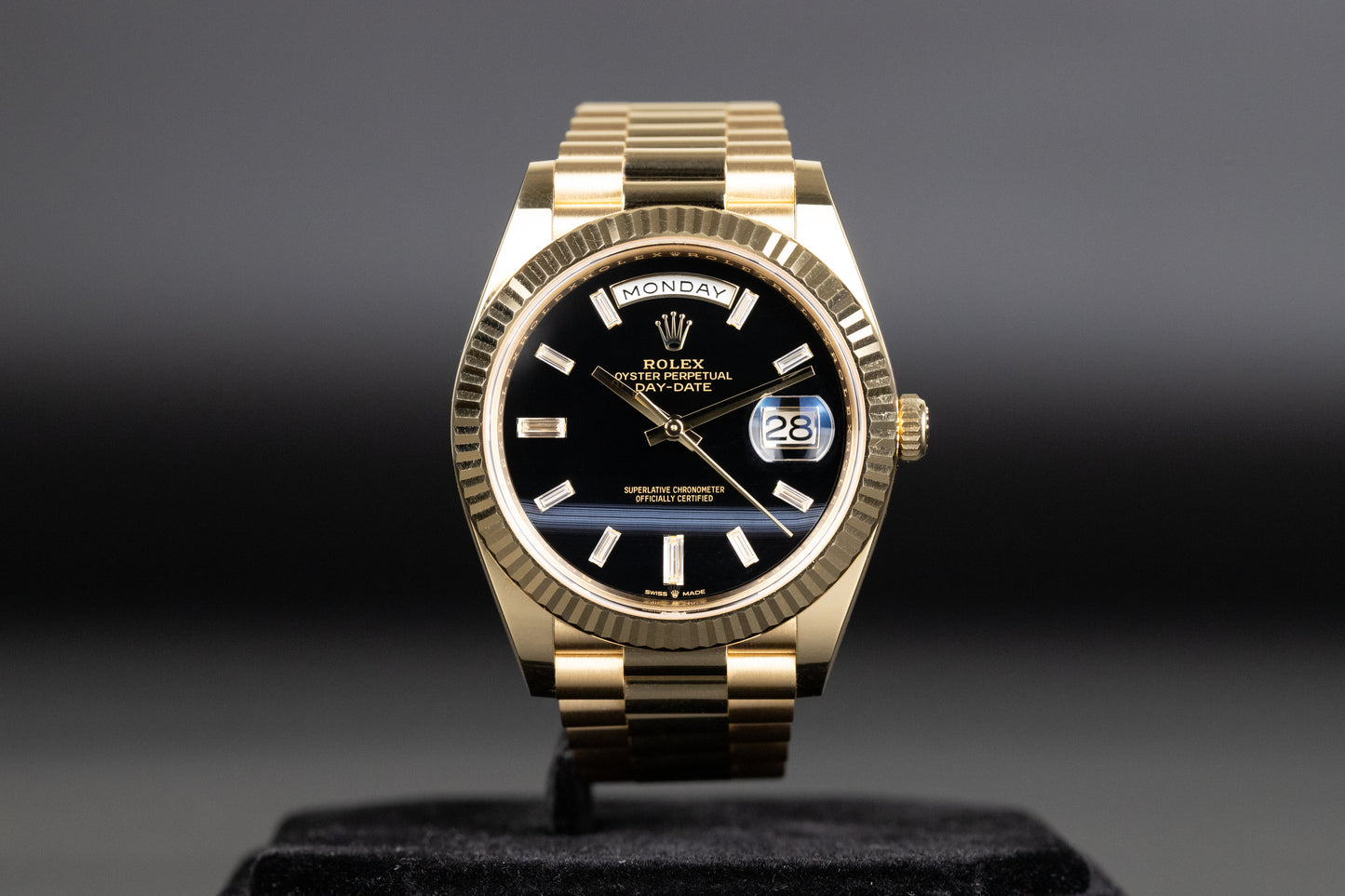 Rolex 228238 DayDate 40 Baguette Diamond Black Onyx Dial