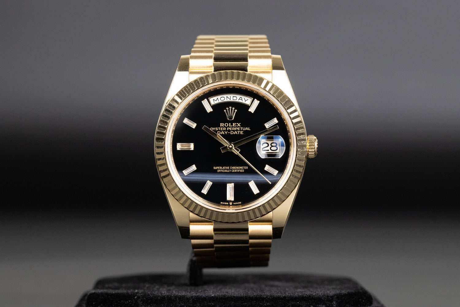Rolex 228238 DayDate 40 Baguette Diamond Black Onyx Dial