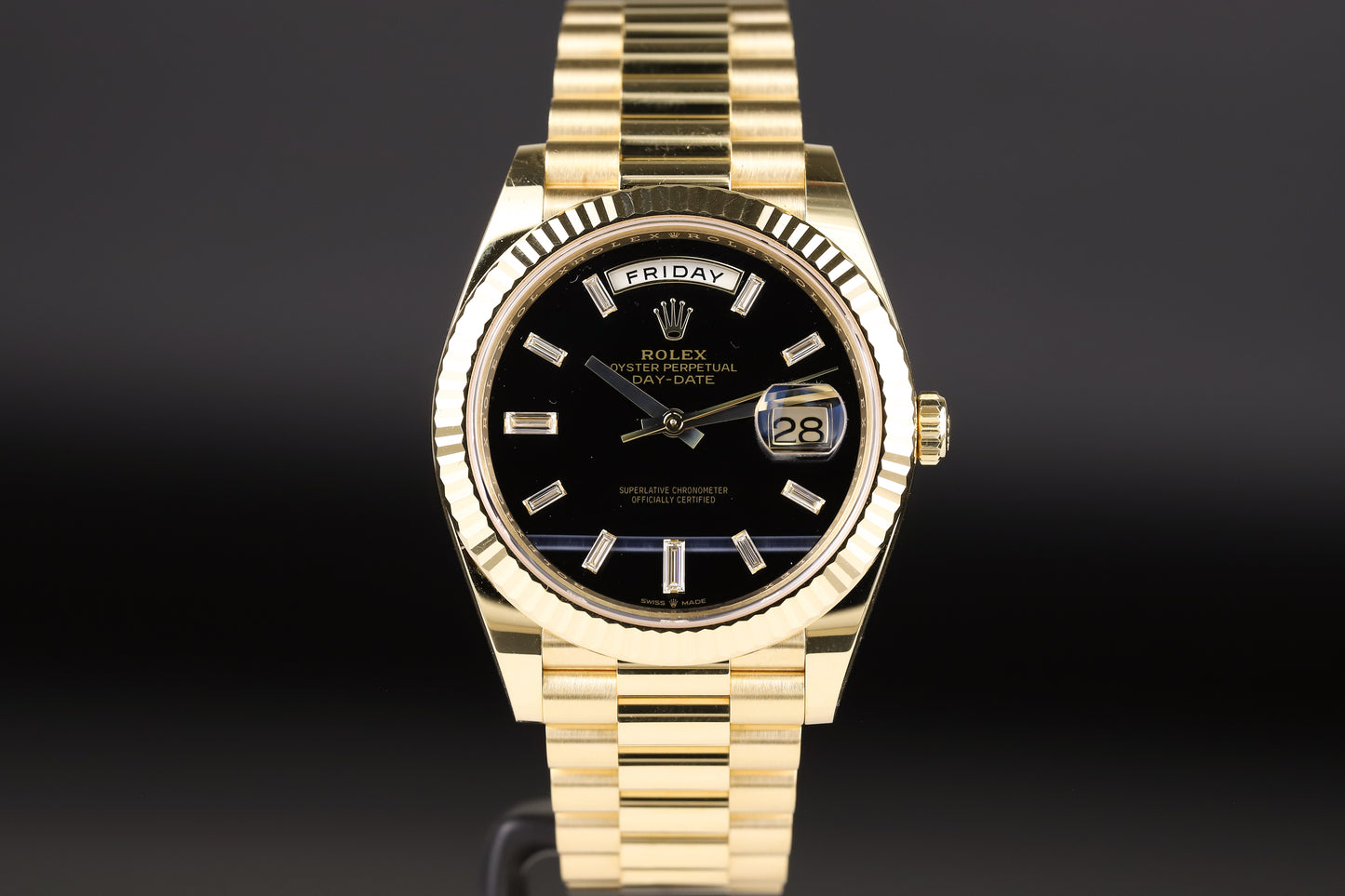 Rolex 228238 DayDate 40 Baguette Diamond Black Onyx Dial