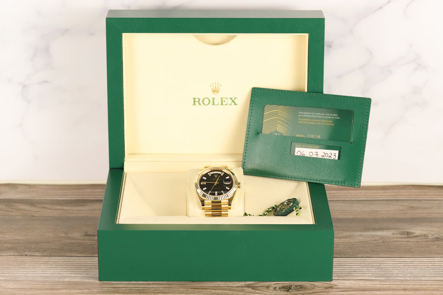 Rolex 228238 DayDate 40 Baguette Diamond Black Onyx Dial