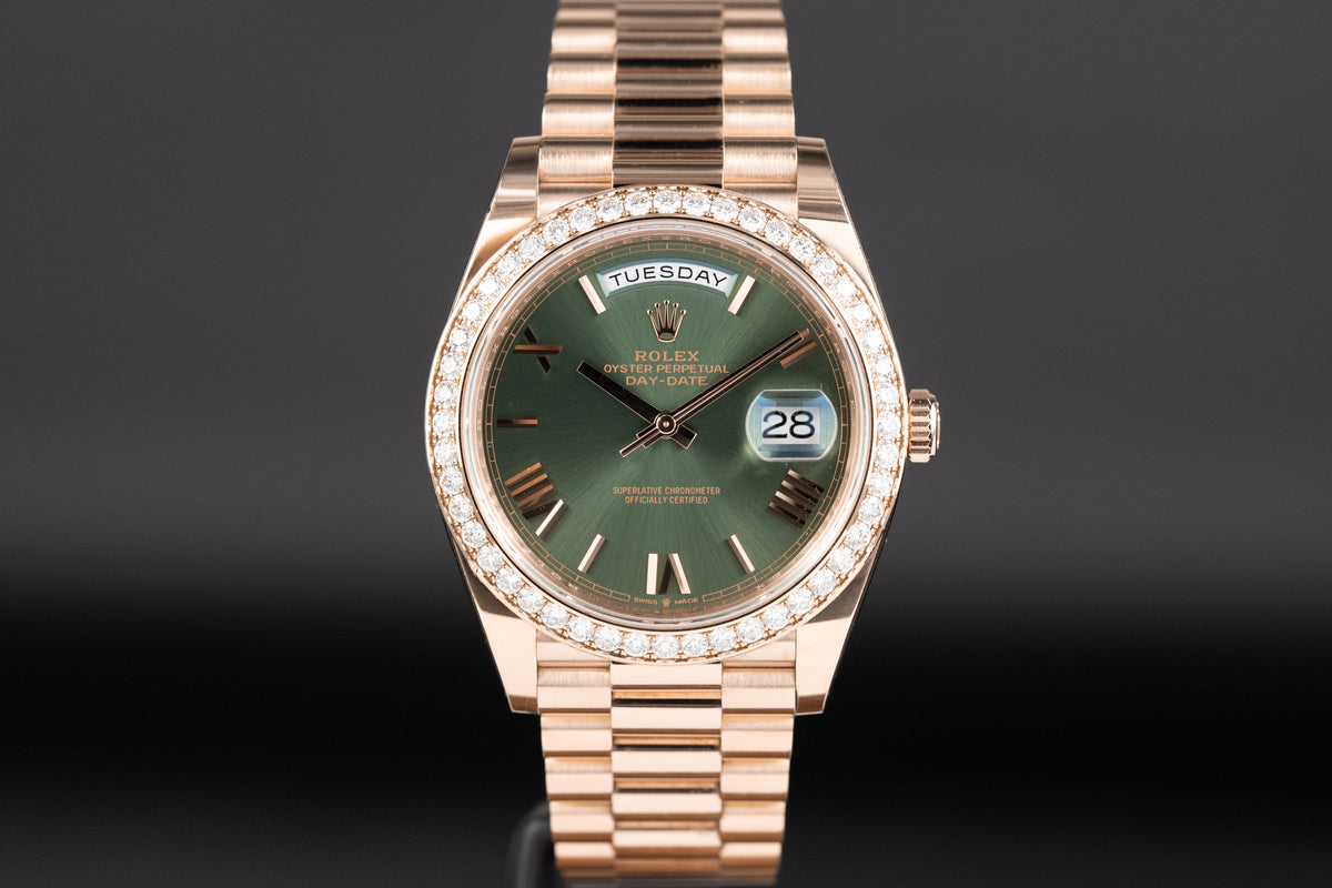 Rolex<br>228345RBR DayDate 40 Rose Gold Diamond Bezel Olive Green Dial