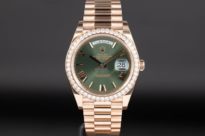 Rolex 228345RBR DayDate 40 Rose Gold Diamond Bezel Olive Green Dial