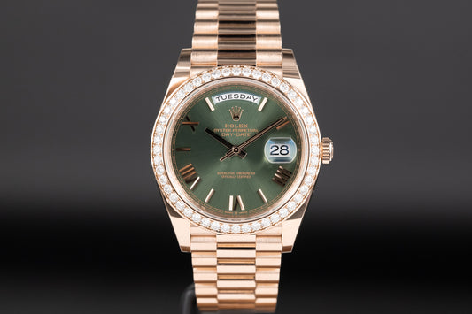 Rolex 228345RBR DayDate 40 Rose Gold Diamond Bezel Olive Green Dial
