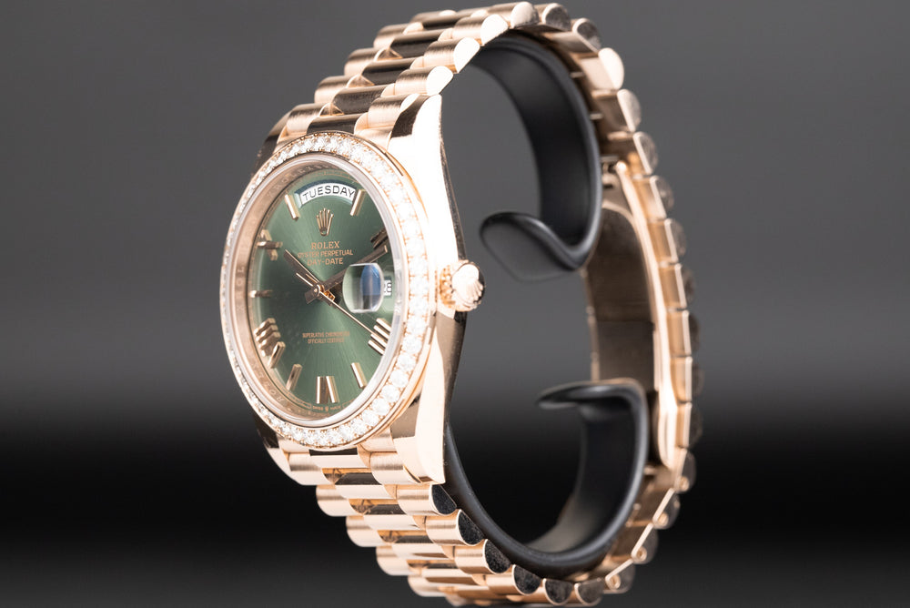 Rolex<br>228345RBR DayDate 40 Rose Gold Diamond Bezel Olive Green Dial