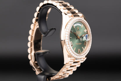 Rolex 228345RBR DayDate 40 Rose Gold Diamond Bezel Olive Green Dial