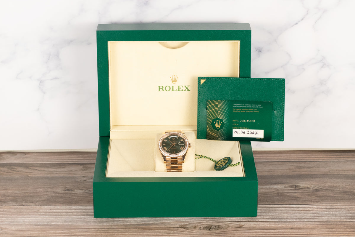 Rolex<br>228345RBR DayDate 40 Rose Gold Diamond Bezel Olive Green Dial