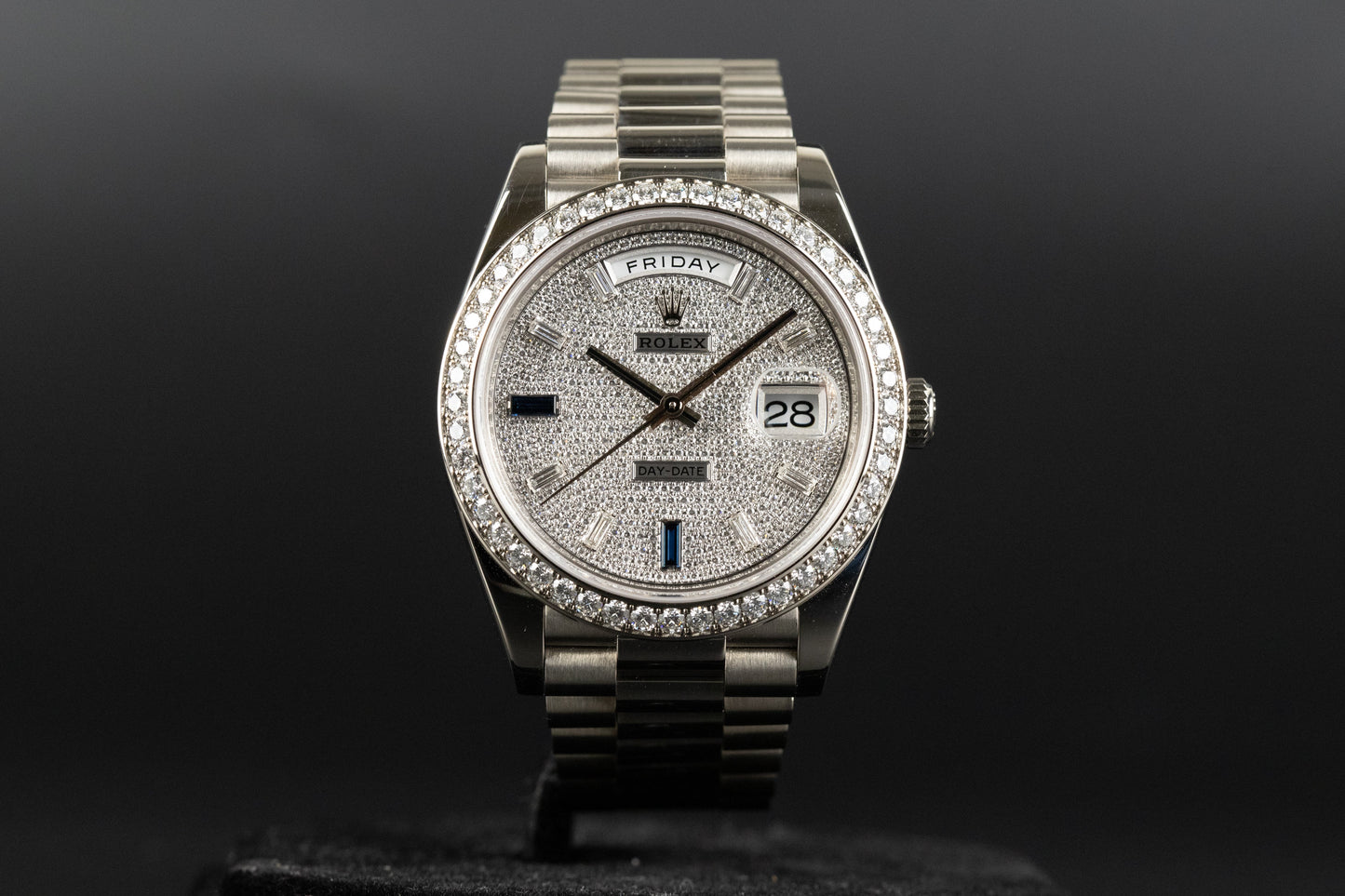 Rolex 228349RBR DayDate 40 White Gold Diamond Bezel Pave Sapphire Dial