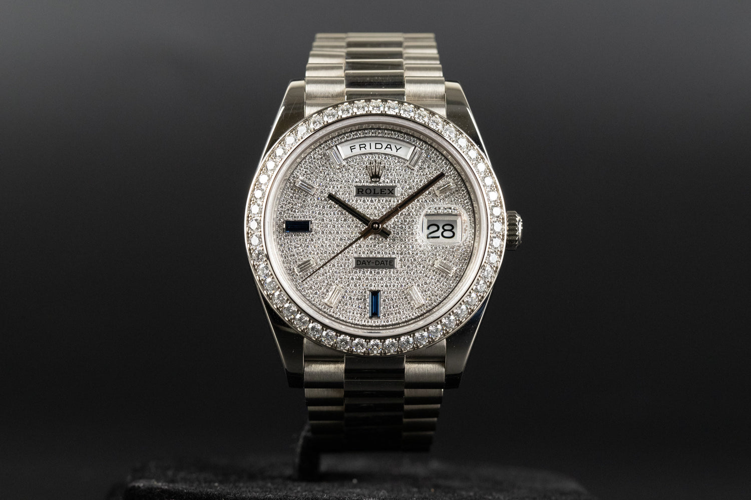 Rolex 228349RBR DayDate 40 White Gold Diamond Bezel Pave Sapphire Dial