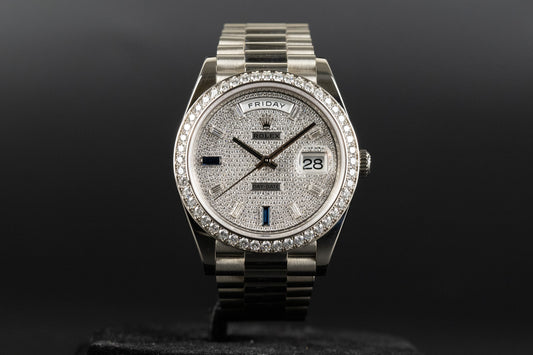 Rolex 228349RBR DayDate 40 White Gold Diamond Bezel Pave Sapphire Dial