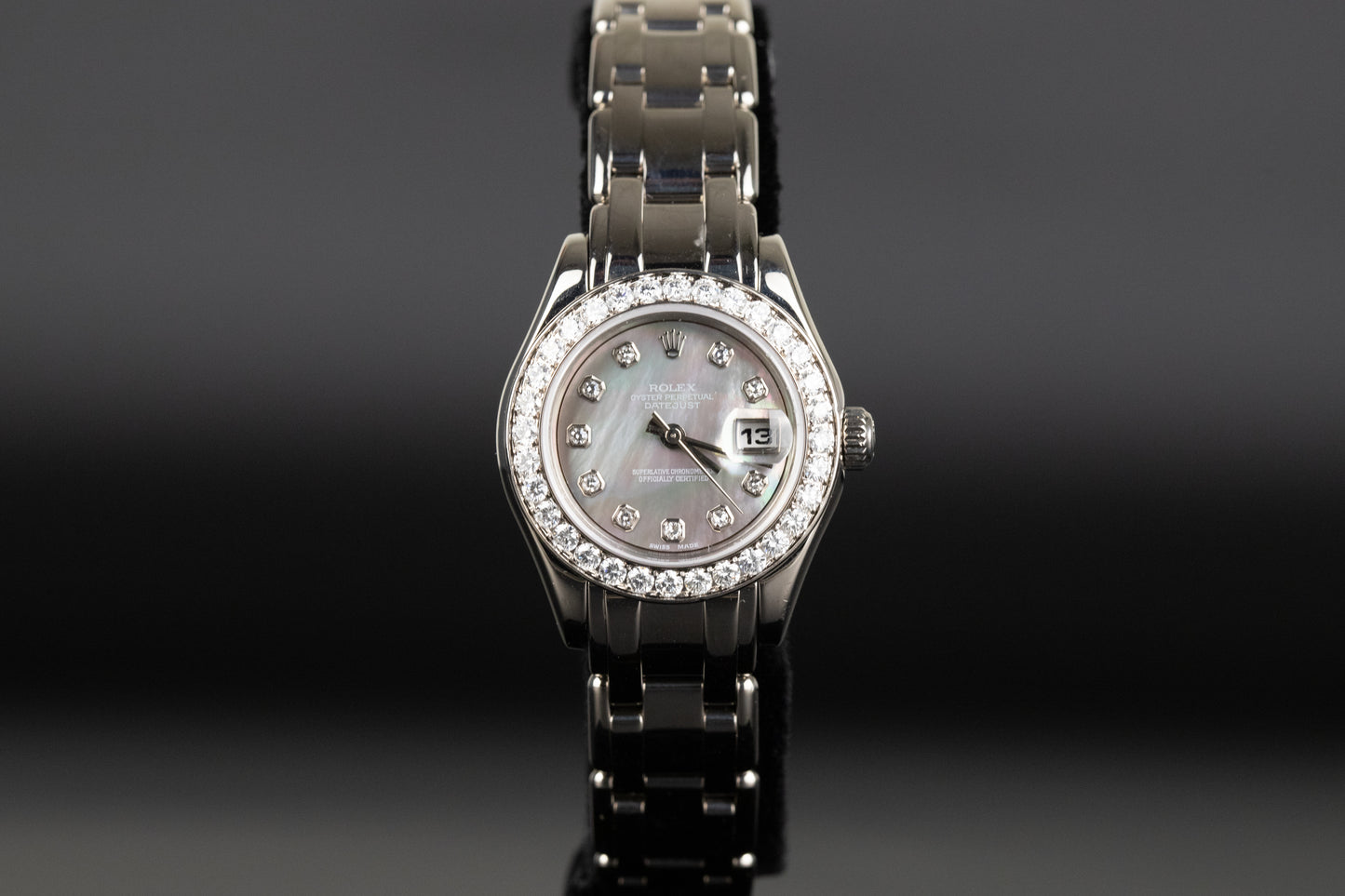 Rolex 69299 Datejust Pearlmaster 29 White Gold Black Mother of Pearl Serti Dial