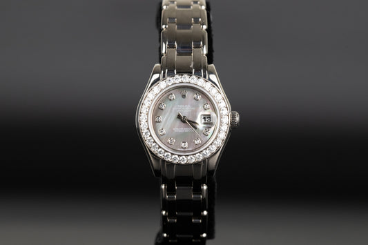 Rolex 69299 Datejust Pearlmaster 29 White Gold Black Mother of Pearl Serti Dial