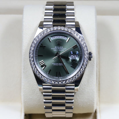 Rolex<br>228349RBR DayDate 40 White Gold Diamond Bezel Green Dial