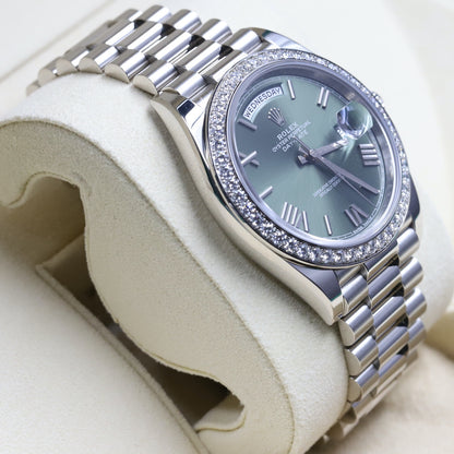 Rolex<br>228349RBR DayDate 40 White Gold Diamond Bezel Green Dial