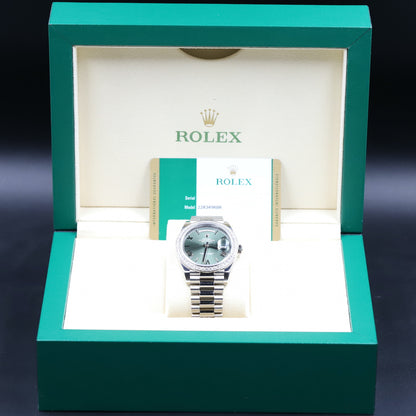 Rolex<br>228349RBR DayDate 40 White Gold Diamond Bezel Green Dial