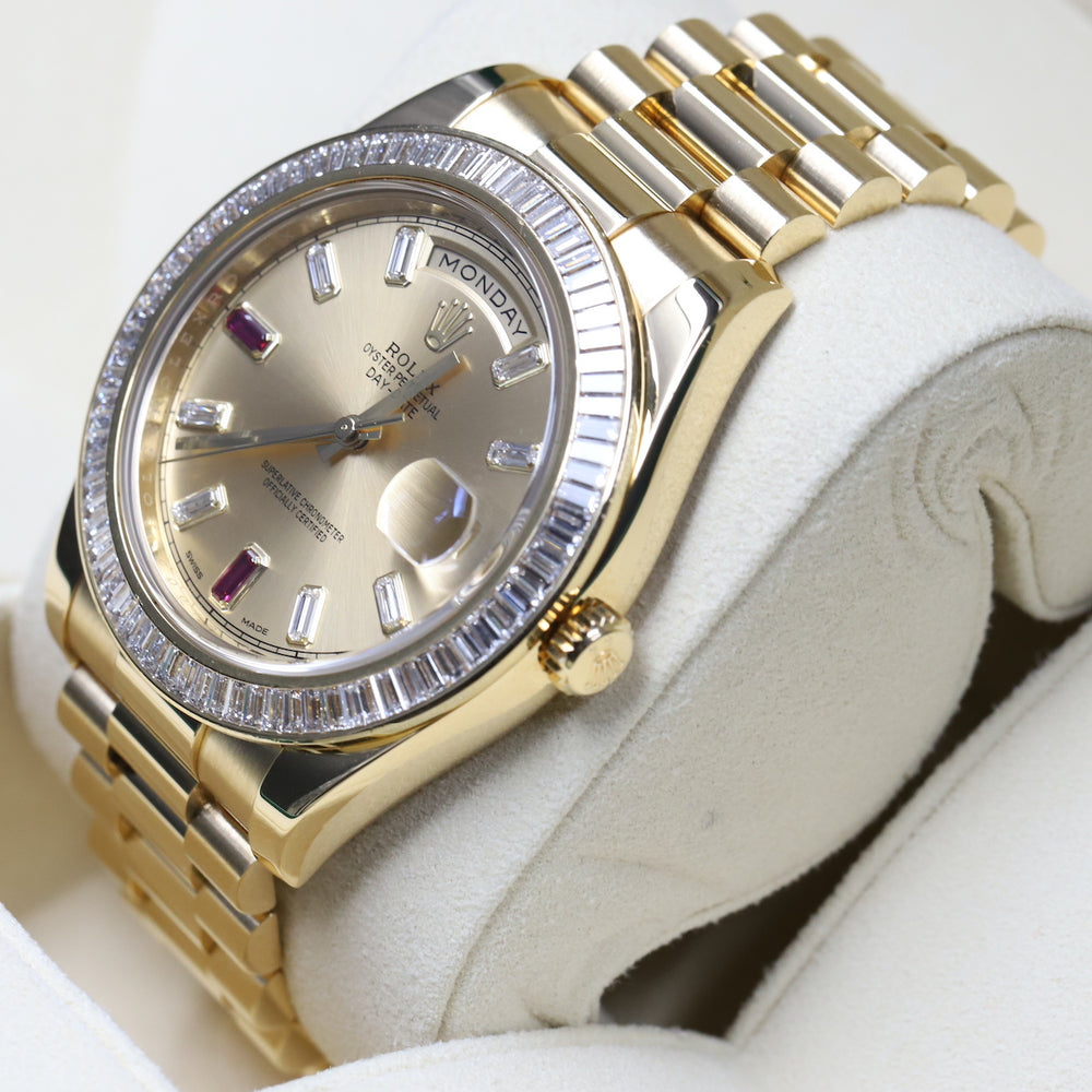 Rolex<br>218398BR Day-Date II Ruby Dial Diamond Bezel