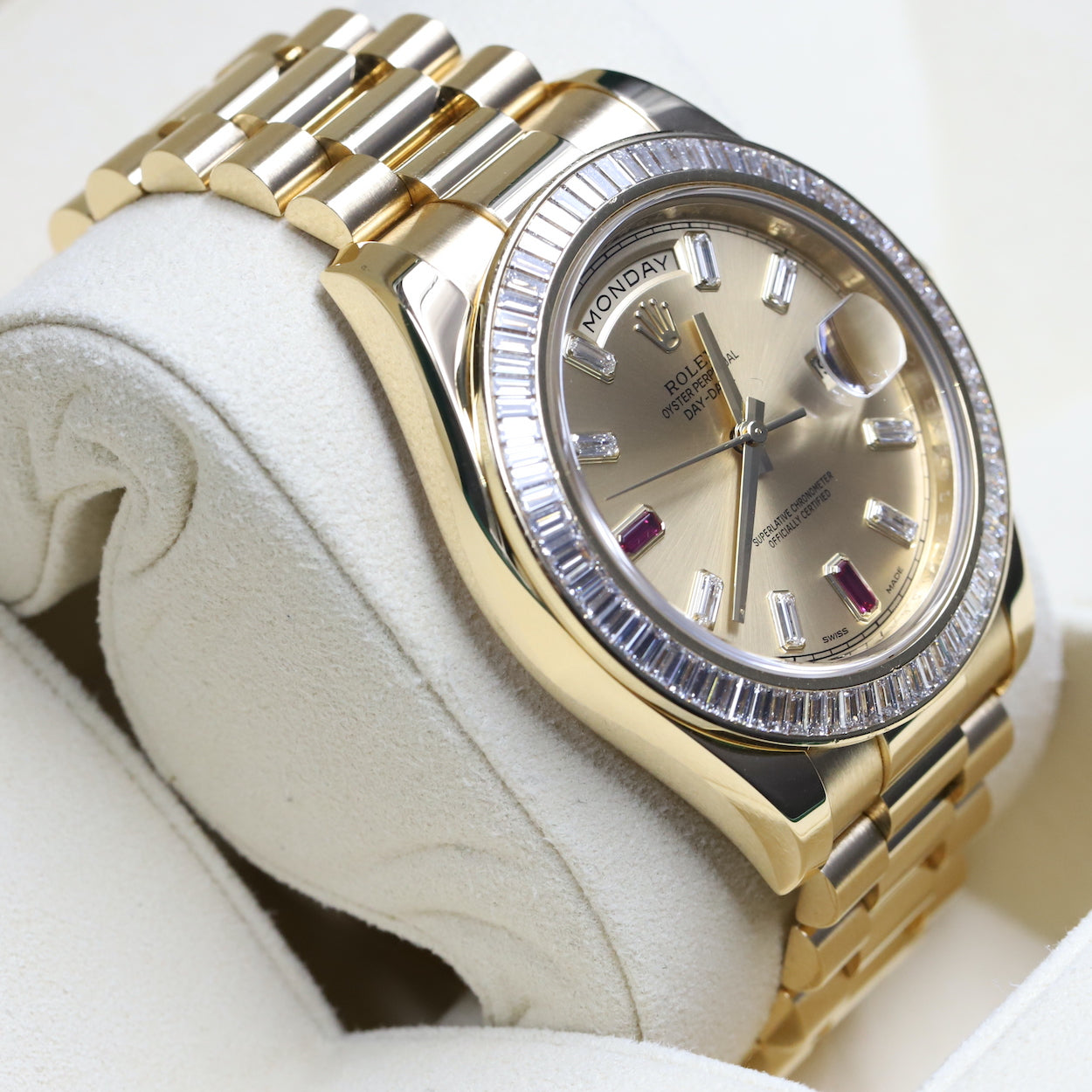 Rolex218398BR Day-Date II Ruby Dial Diamond Bezel – Newport Watch Club
