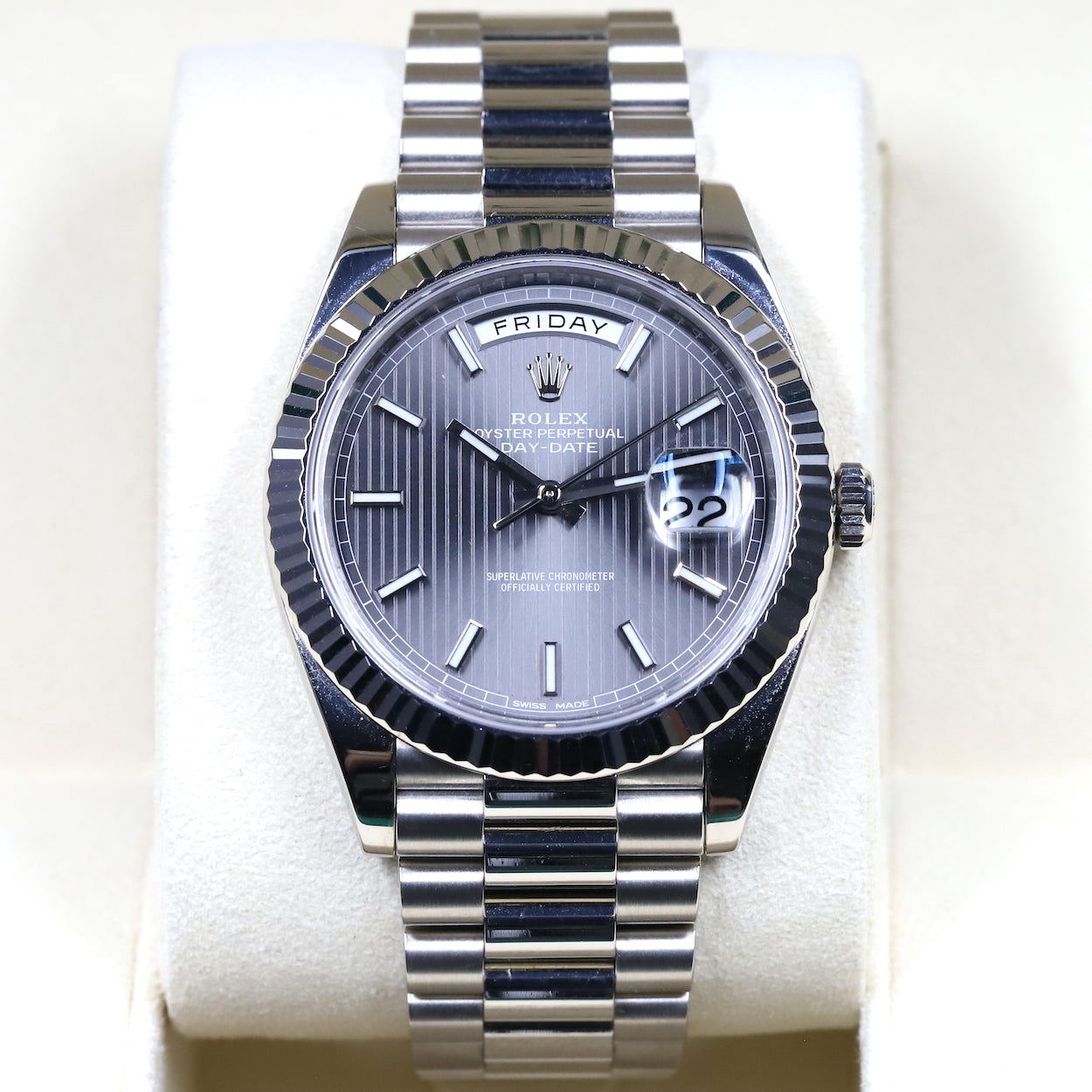 Rolex<br>228239 DayDate 40 Dark Rhodium Stripe Motif Dial