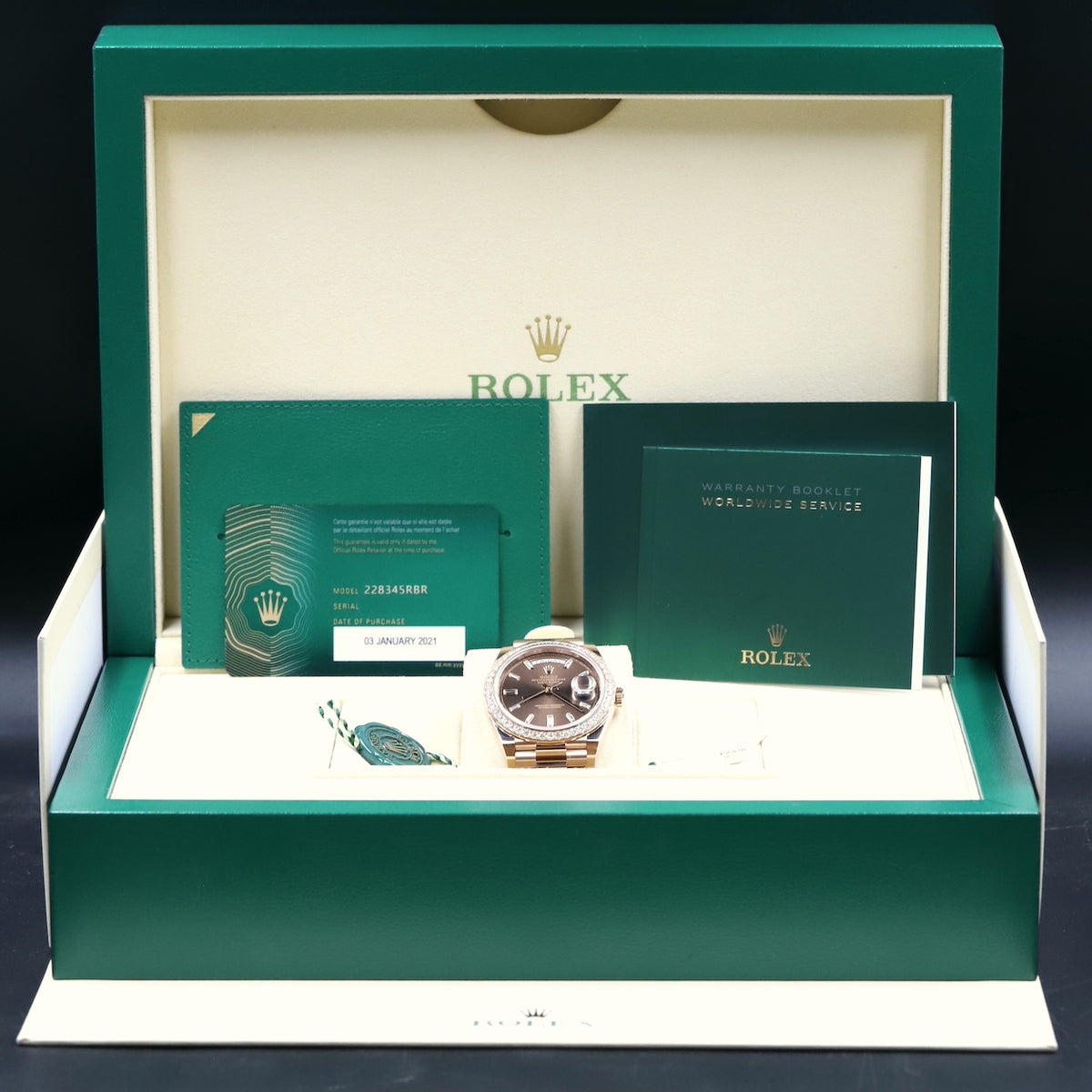 Rolex<br>228345RBR DayDate 40 Rose Gold Baguette Diamond Dial Diamond Bezel