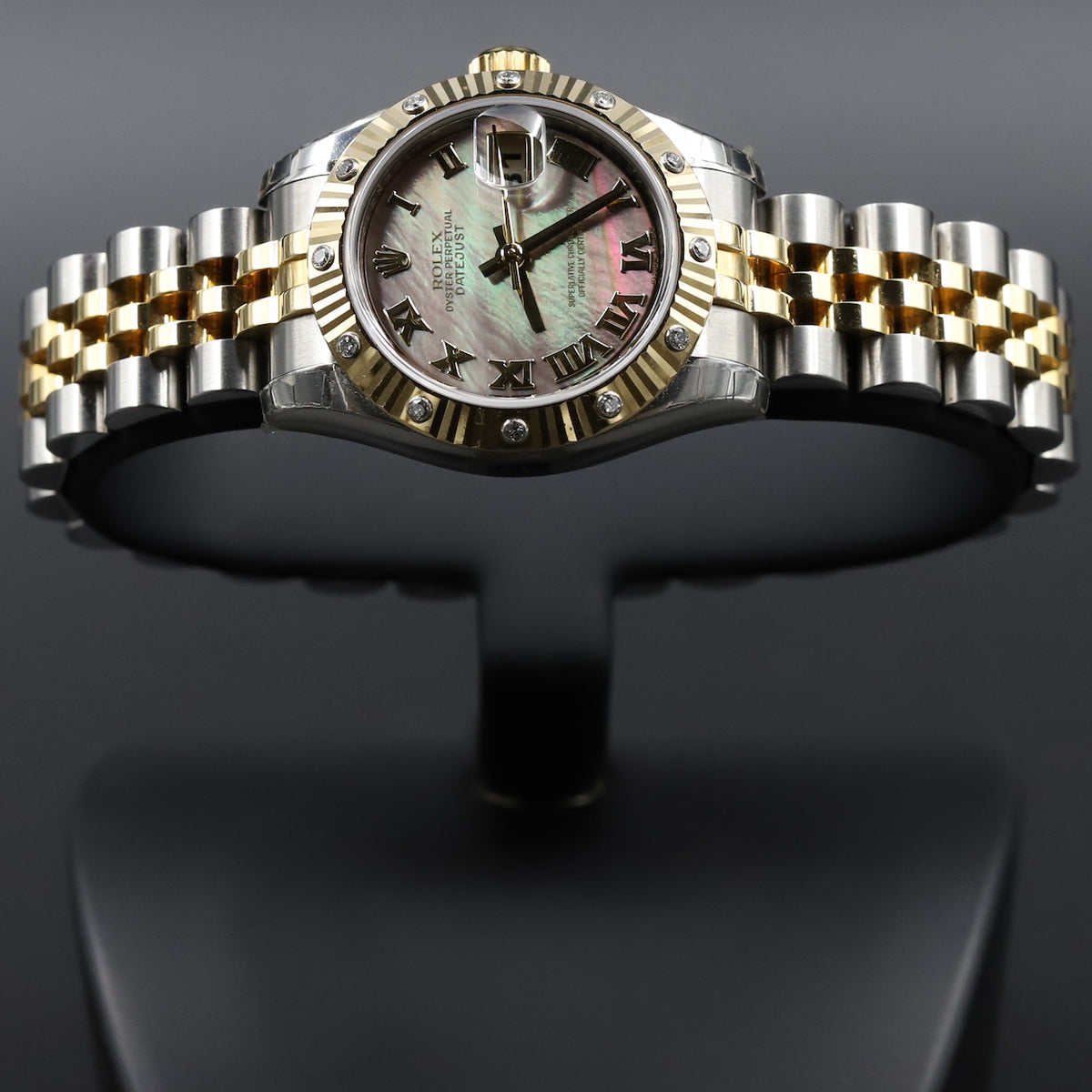 Rolex<br>179313 Datejust 26 18k/SS Black Mother of Pearl Roman Numeral Dial Diamond Bezel