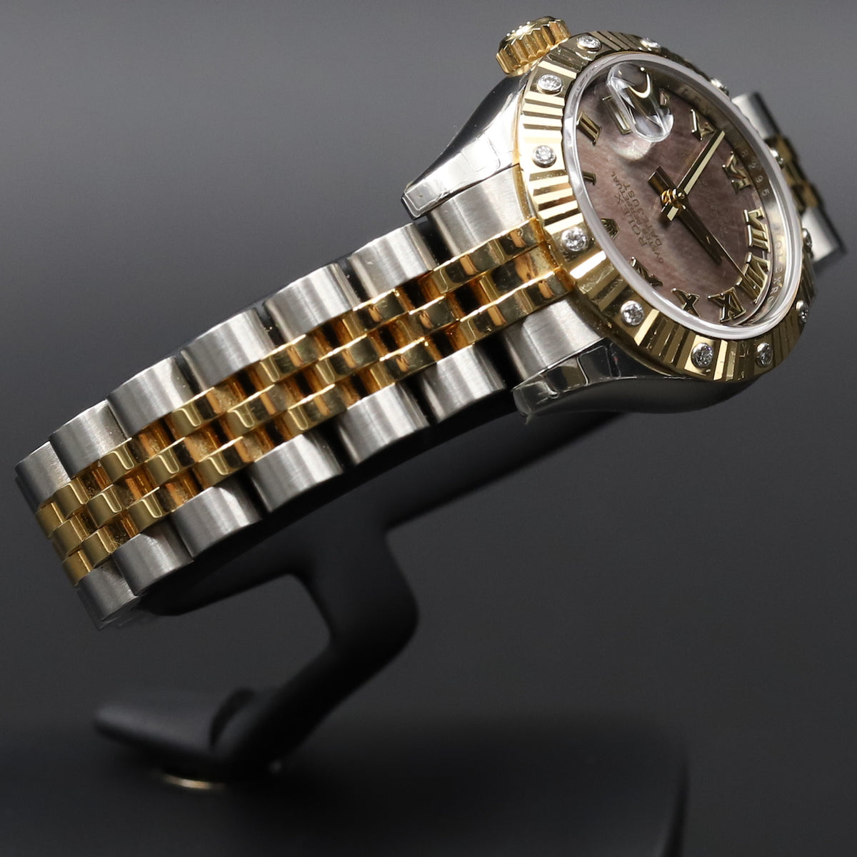 Rolex<br>179313 Datejust 26 18k/SS Black Mother of Pearl Roman Numeral Dial Diamond Bezel