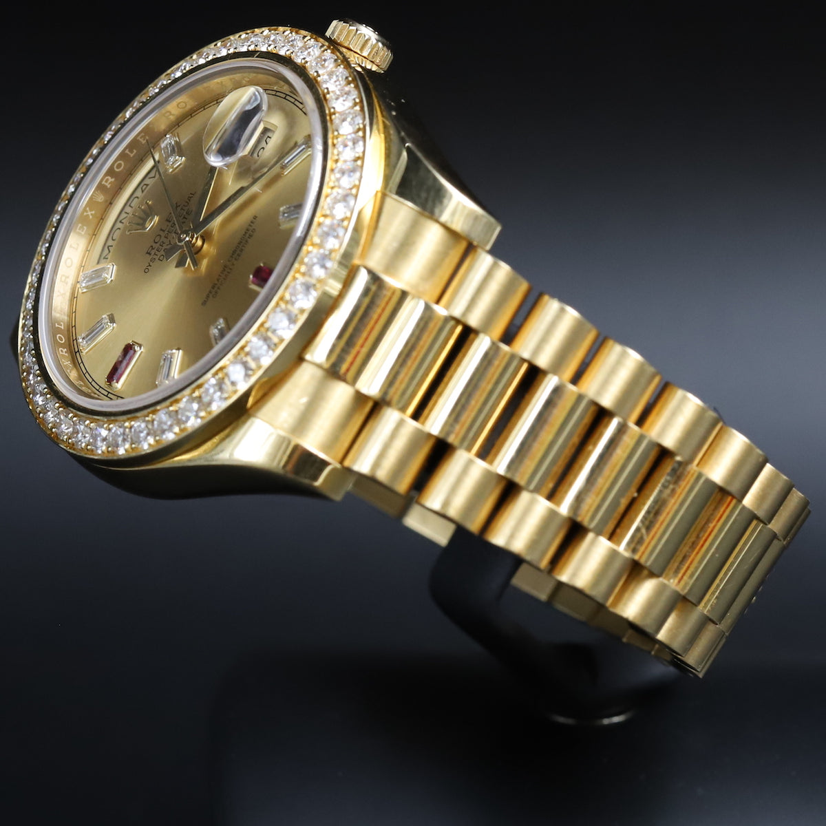 Rolex<br>218348 DayDate II Ruby Dial Diamond Bezel