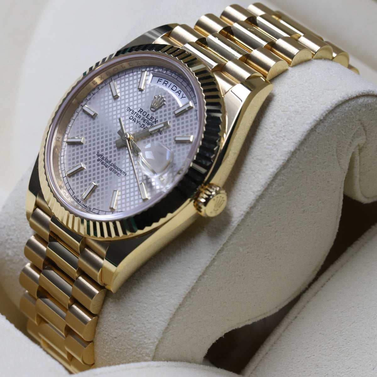 Rolex<br>228238 DayDate 40 Silver Diagonal Motif Dial